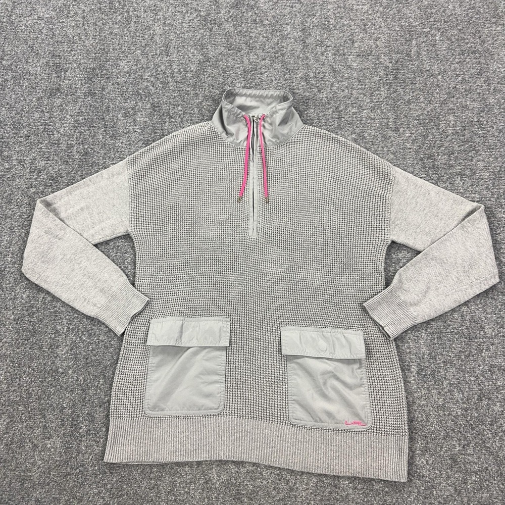 Lauren Ralph Lauren Sweater Womens Medium Gray 1/4 Zip Mock Neck Pockets Knit
